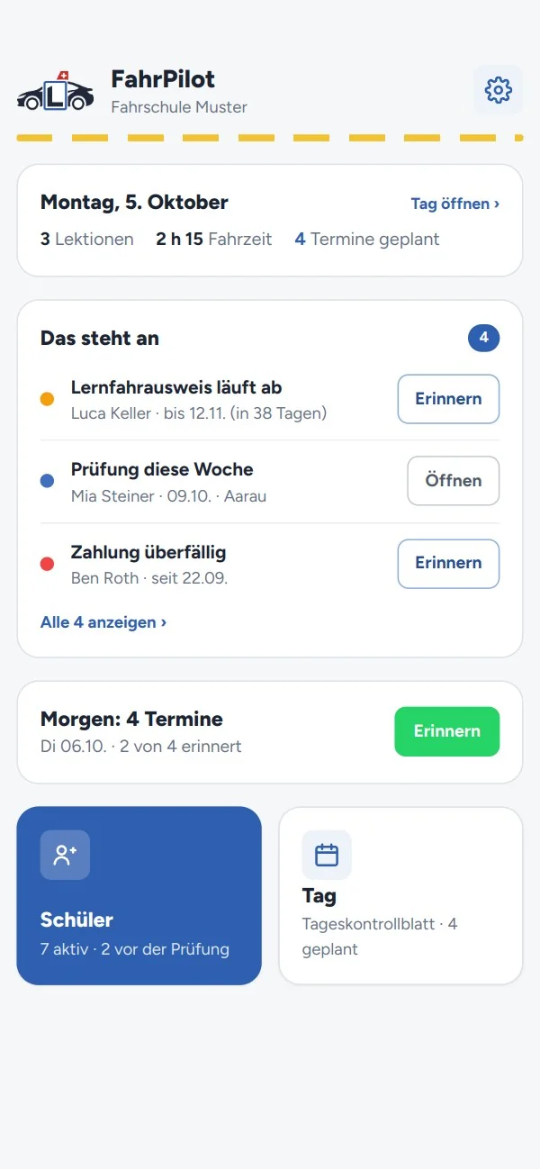 Startseite der Anwendung mit den Karten «Das steht an» und «Morgen» auf dem Handy